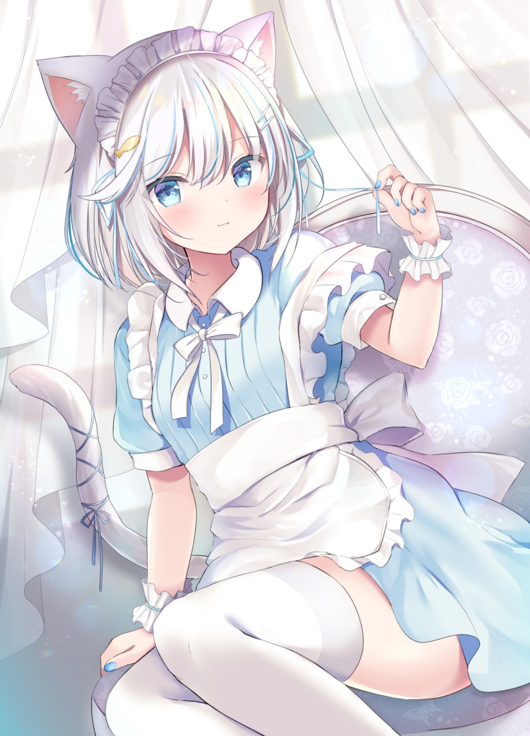 Cat Girl Maid Outfit Blue Eyes Artwork Silver Hair