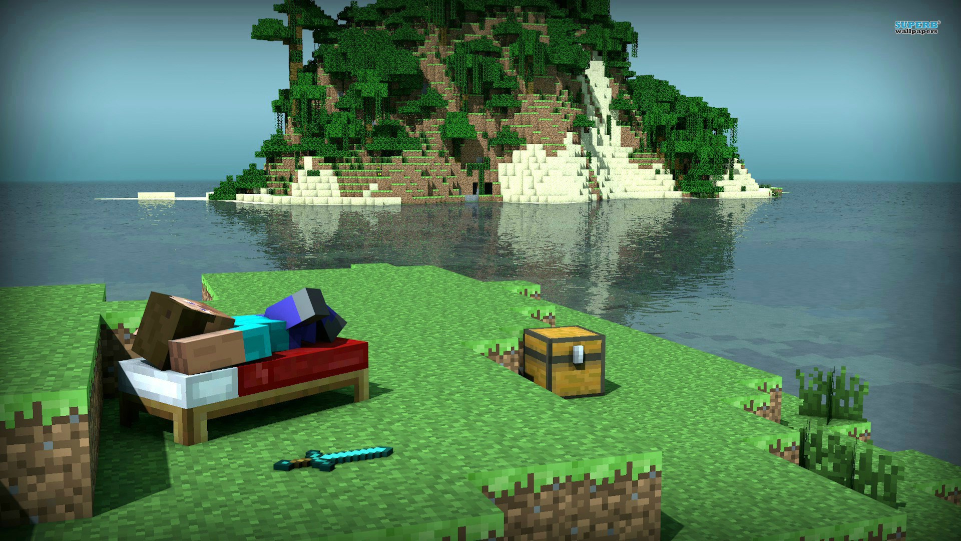 A Minecraft character sleeping on a bed next to a treasure chest on a small island, with a larger island in the background