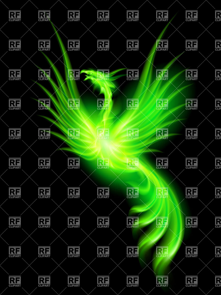 Green Luminous Phoenix On Black Background Plants And Animals