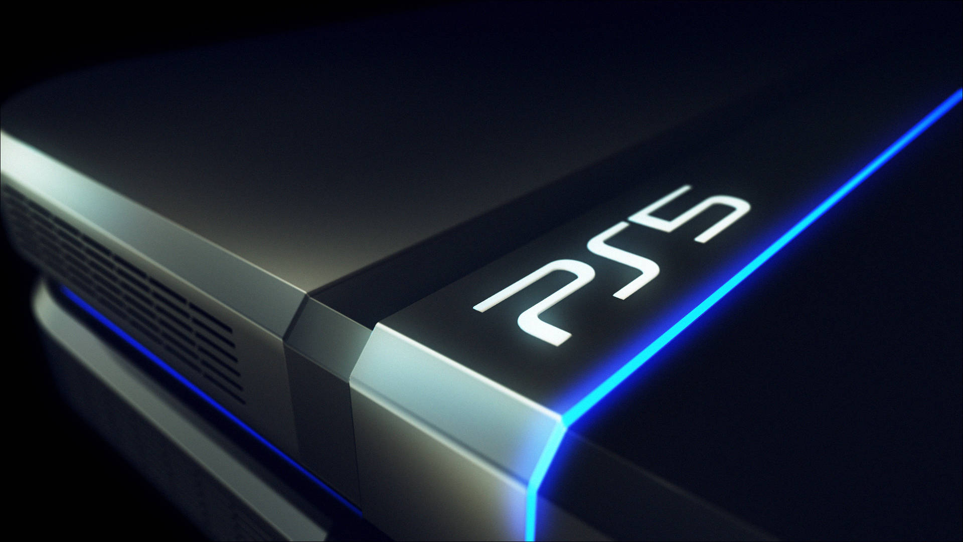 Close-up of a PlayStation 5 console with glowing blue light, highlighting its futuristic design