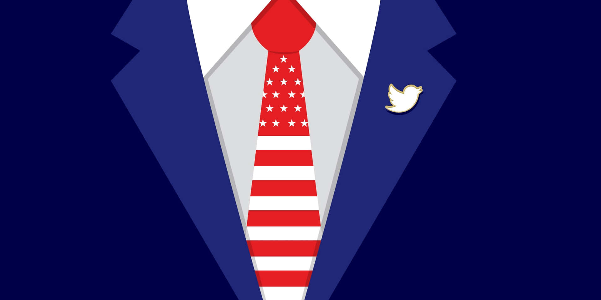A close-up of a suit lapel with a patriotic American flag tie and a Twitter logo pin, symbolizing the Republican party's presence in US politics