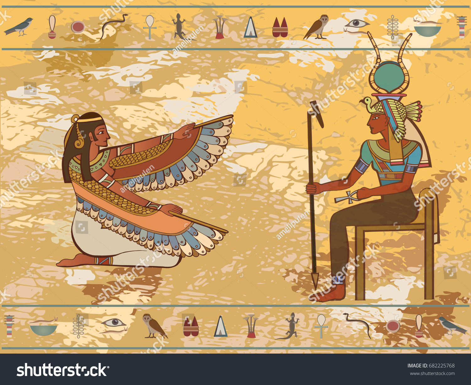 Gods Pharaohs Egypt Maat Hieroglyphic Carvings Stock Vector
