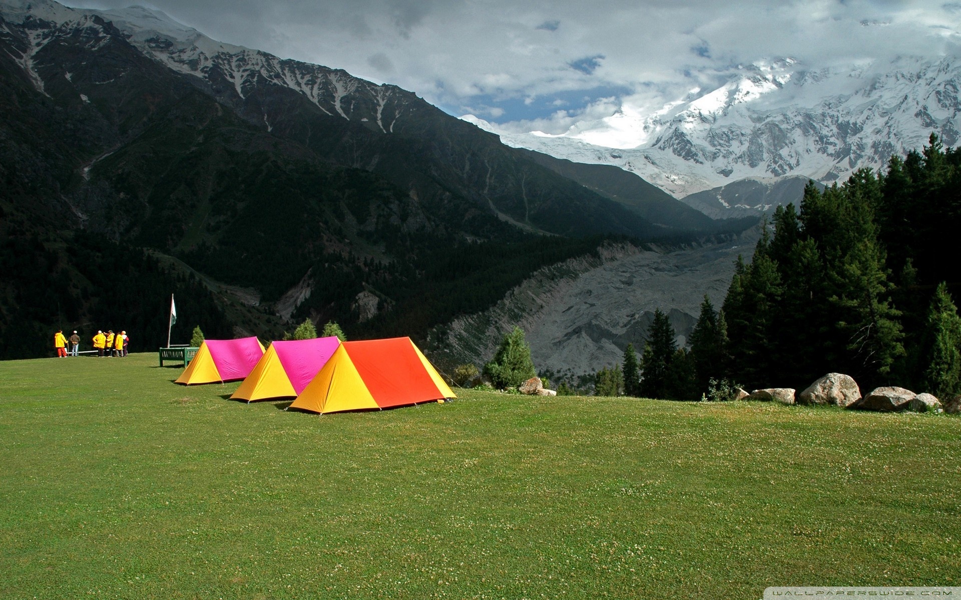Mountain Landscape With Tent Camp 4K HD Desktop Wallpaper for 1920x1200