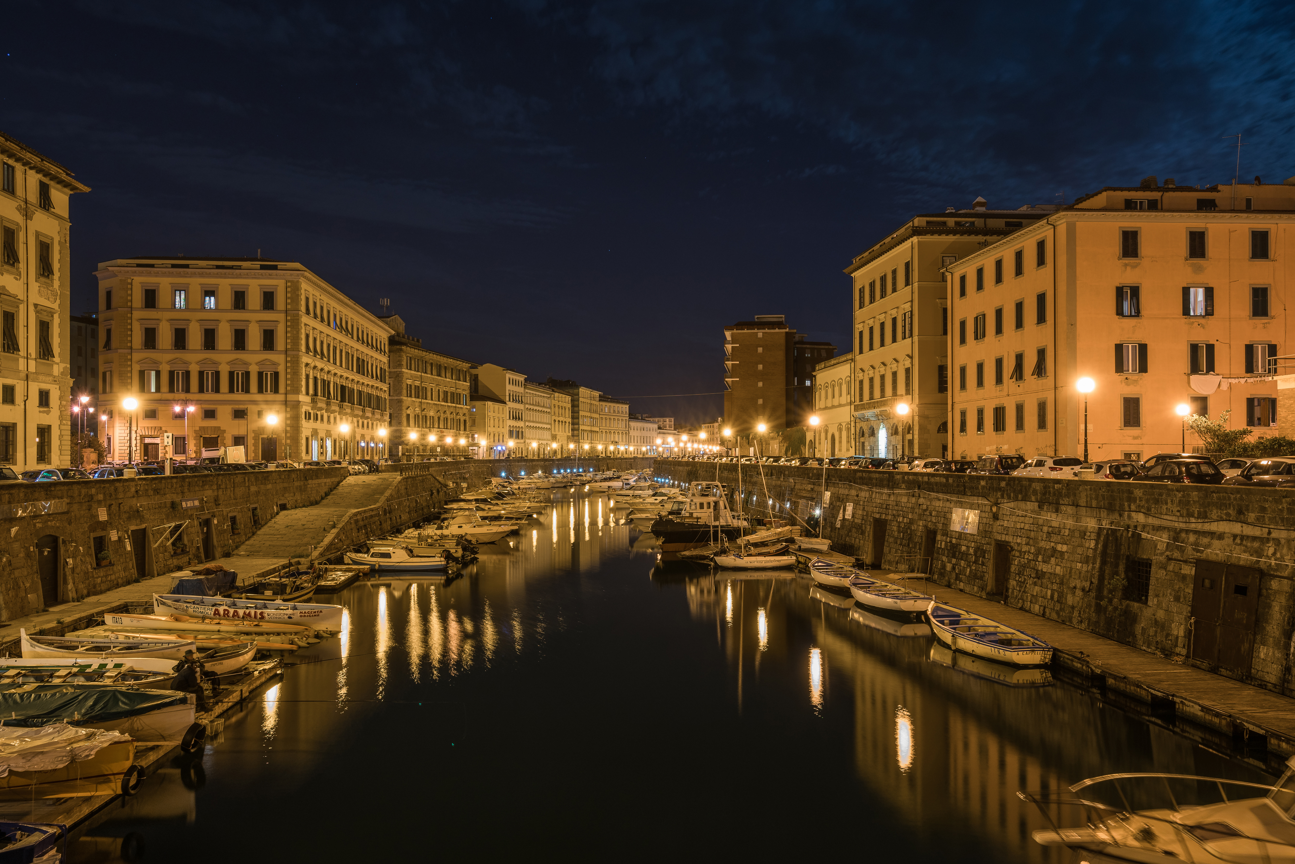 Wallpaper Tuscany Italy Livorno Canal Pier Boats Night
