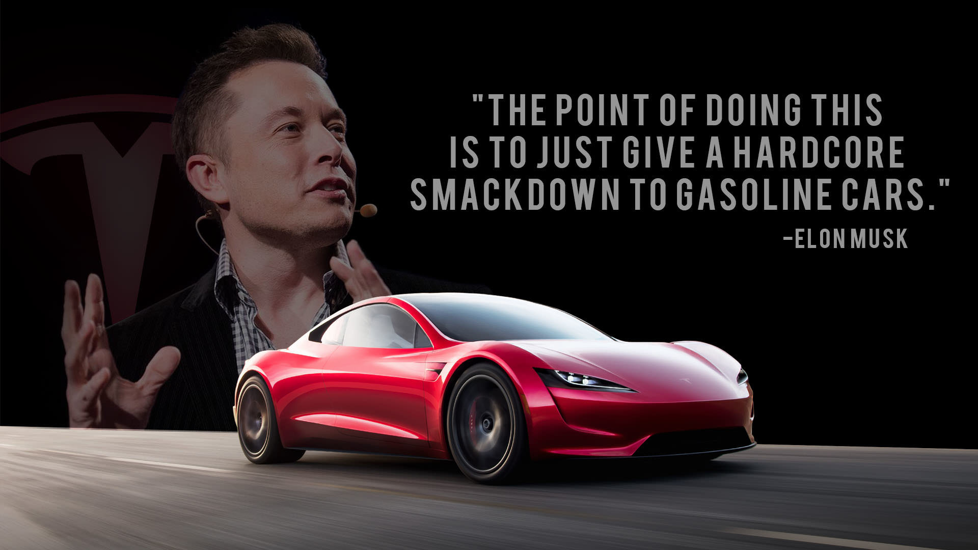 Elon Musk with Tesla Roadster, promoting electric vehicles over gasoline cars