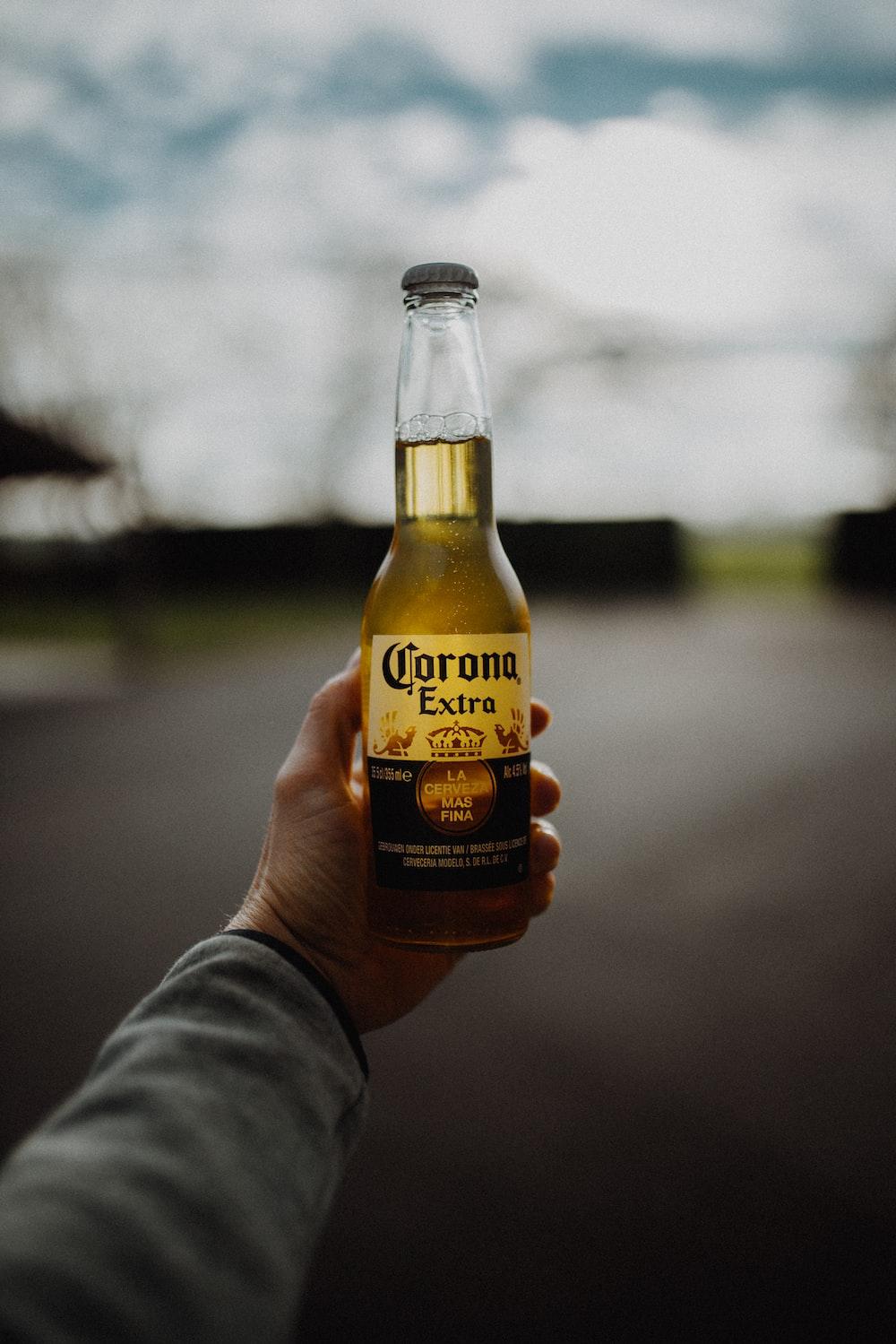 Person Holding Corona Extra Beer Bottle Photo Brown Image