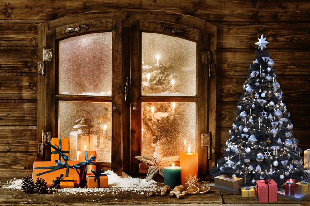Fox Christmas Log Cabin Winter Window Fabric Vinyl Backdrop