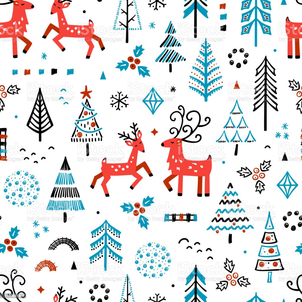 Cartoon Cute Reindeer And Winter Forest Abstract Background Vector