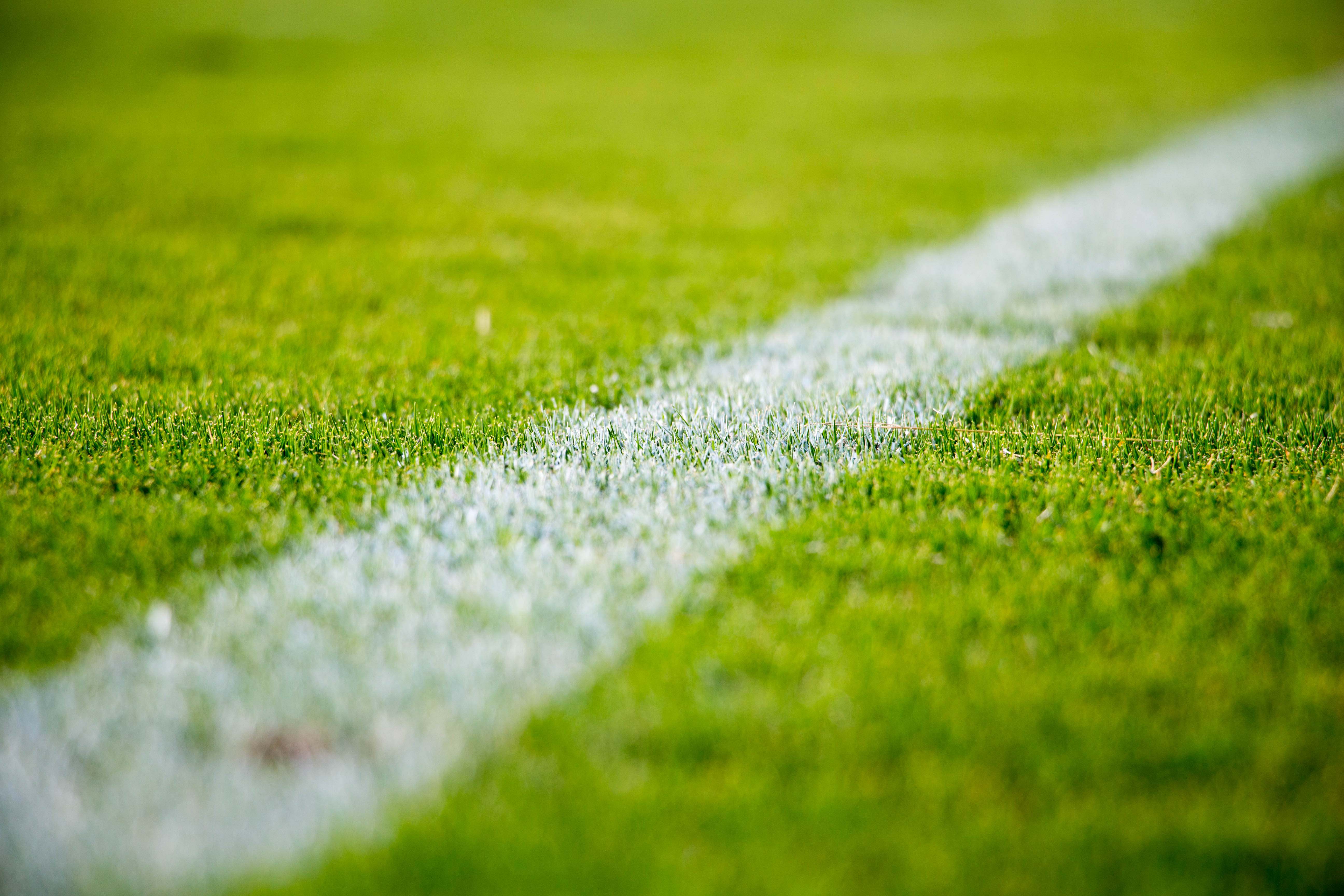 Close Up Of A White Line On Green Grass In Soccer Field Photo