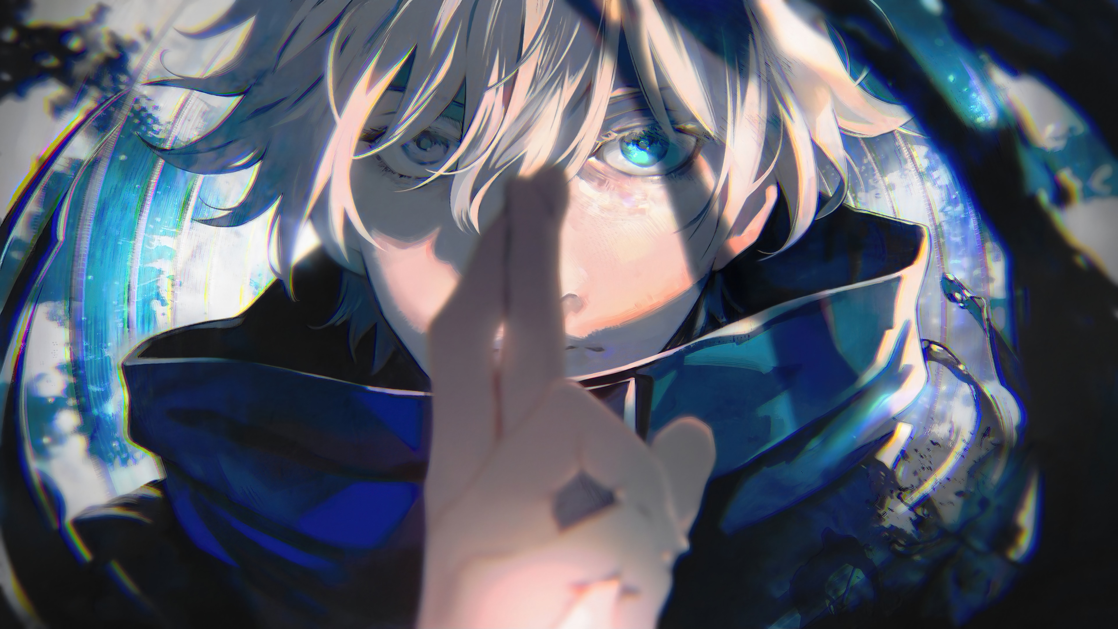 Anime-style close-up of a character with white hair and blue eyes, making a hand gesture