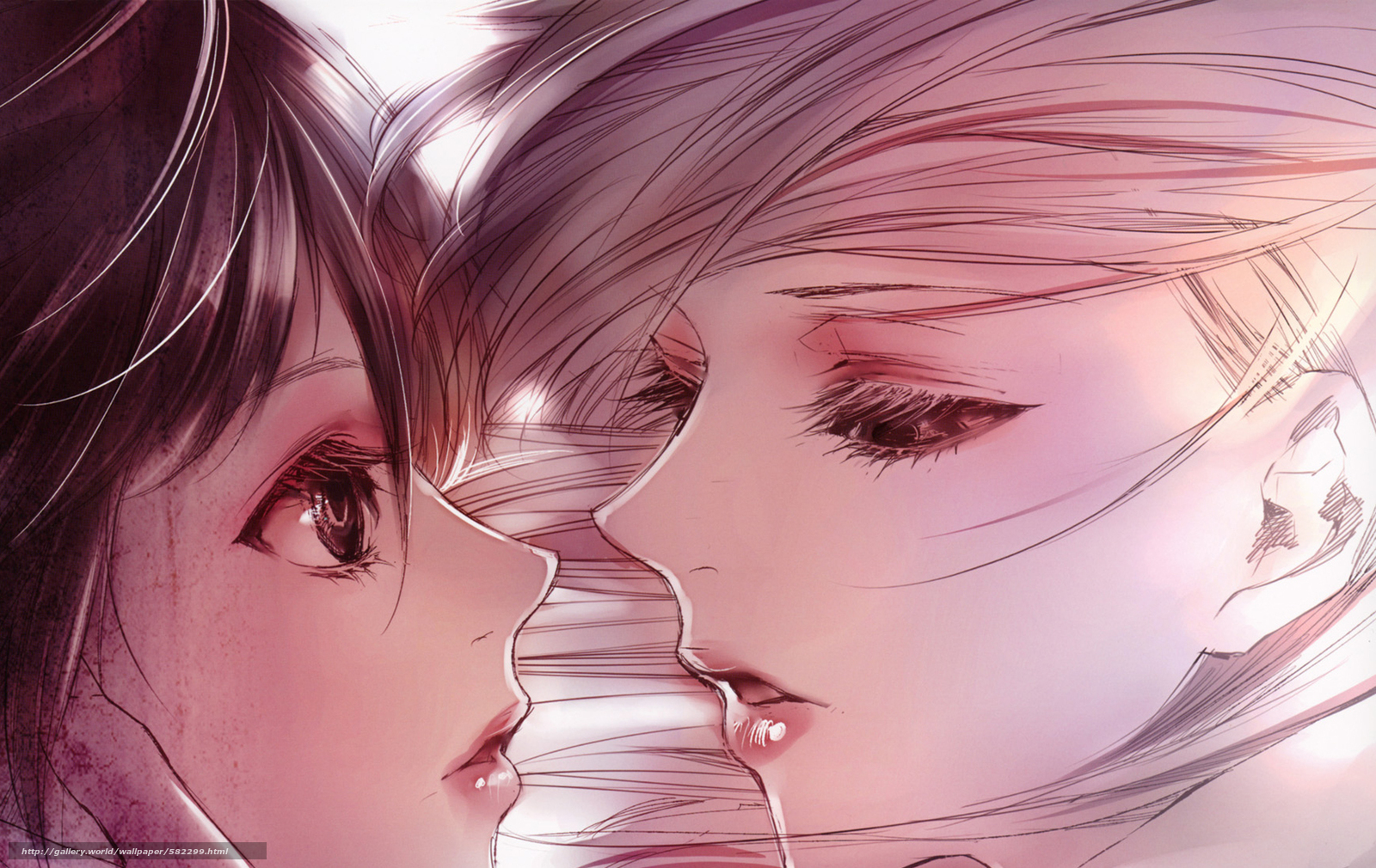 Wallpaper Girls Almost Kiss Close Up Drawing Two