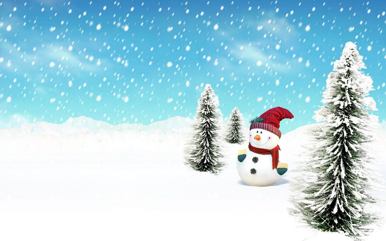 A cheerful snowman stands in a snowy landscape with snow-covered trees, a festive winter scene perfect for a holiday wallpaper