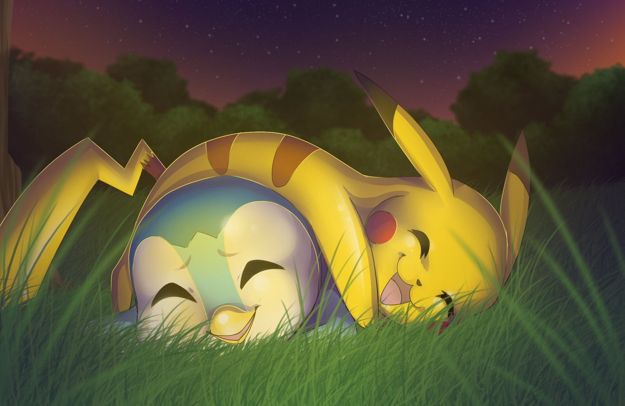 Two Pokémon, Pikachu and Piplup, cuddle together in the grass beneath a starry night sky