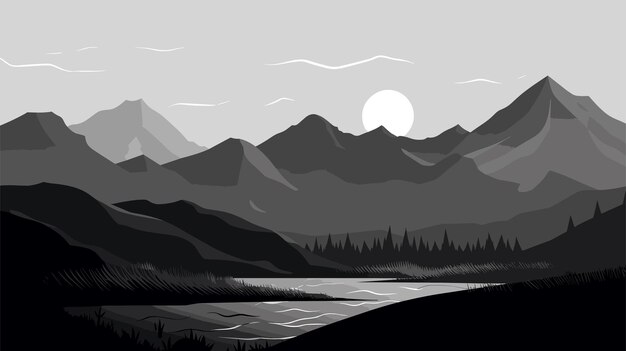 Hand Drawn Landscape Black White Wallpaper