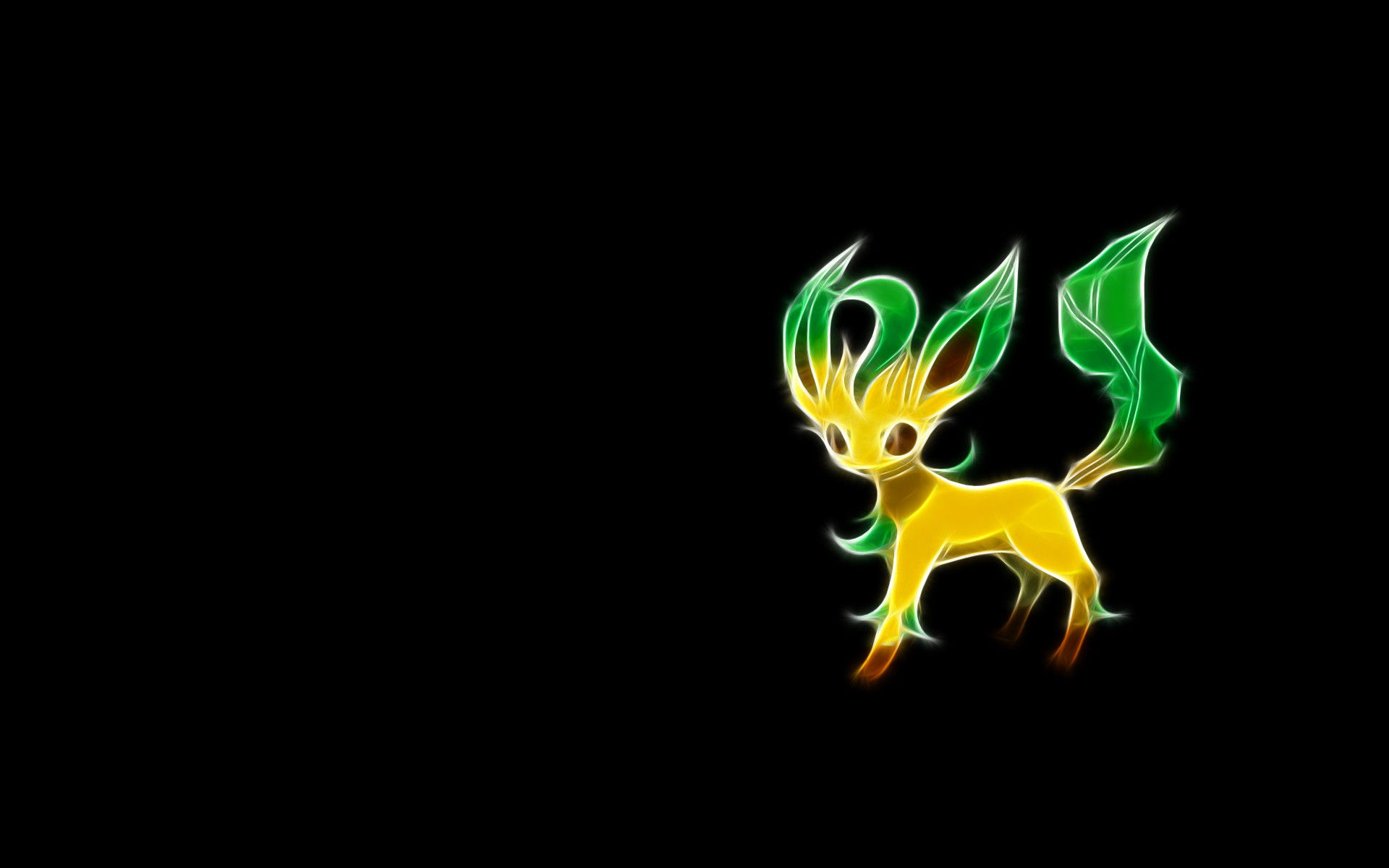 Leafeon, a grass-type Pokémon, in a neon style against a black background
