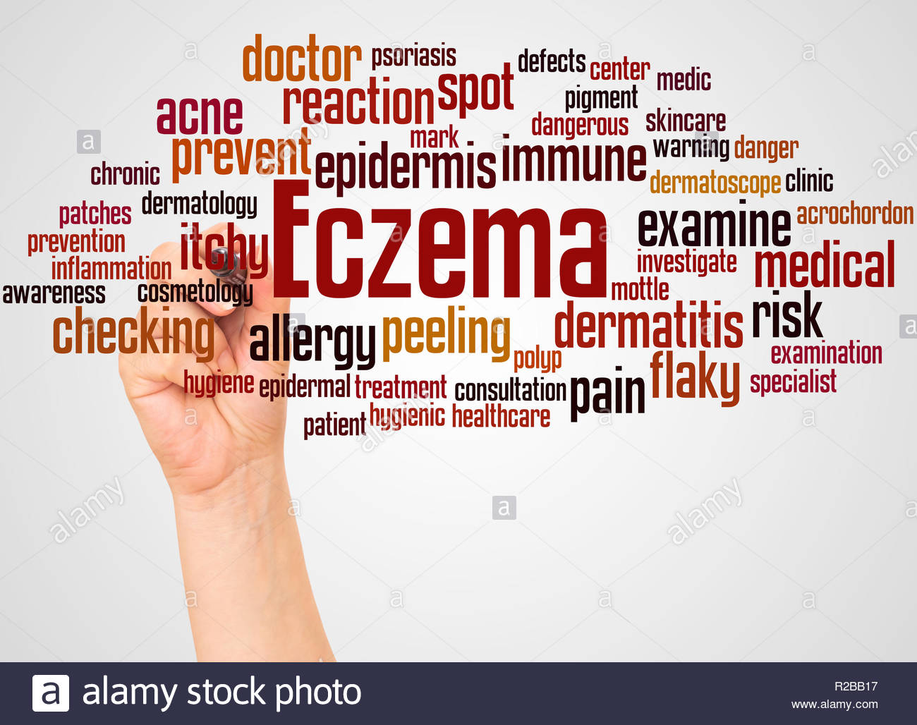 Eczema Word Cloud And Hand With Marker Concept On White Background
