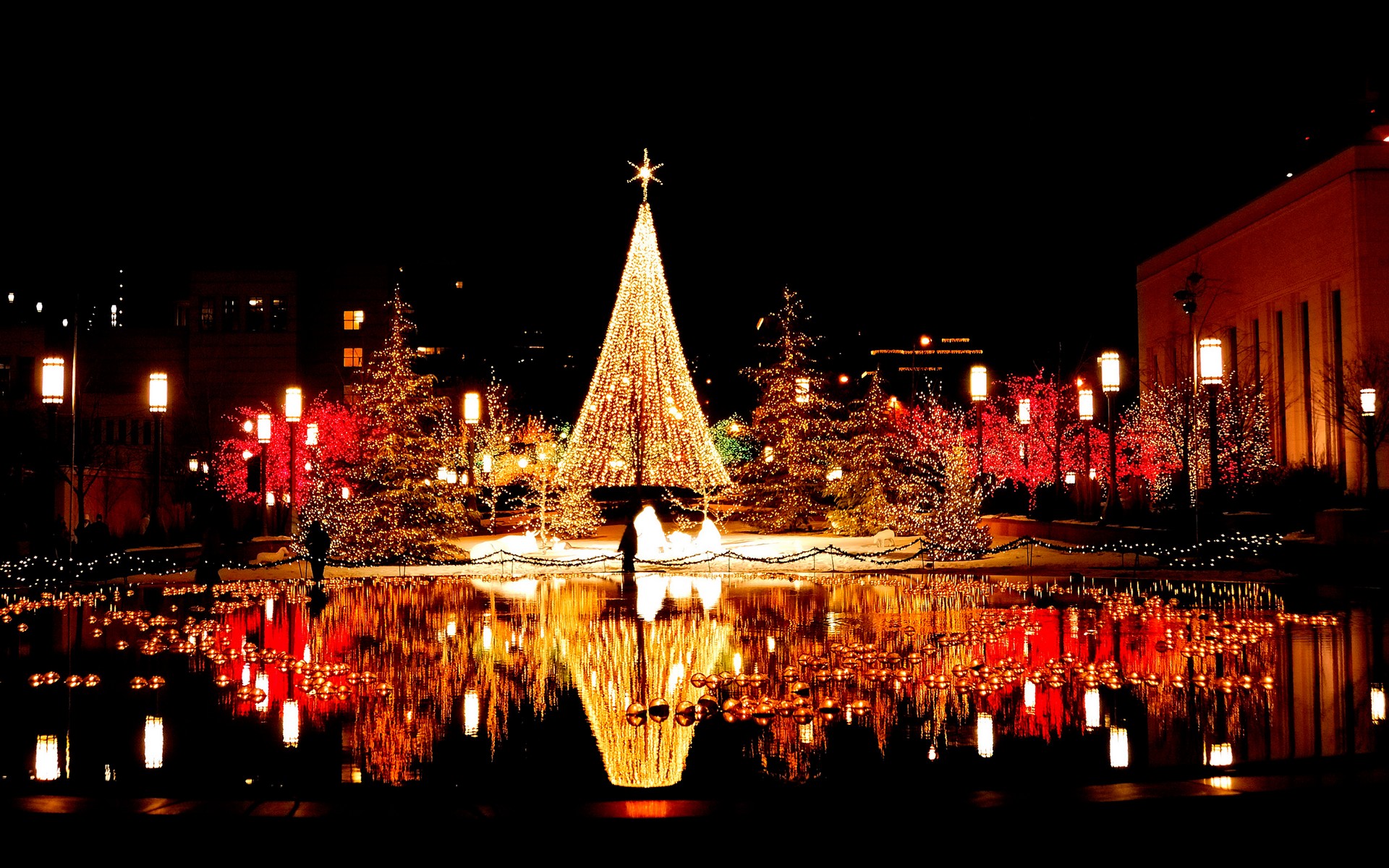 A dazzling Christmas tree illuminated with golden lights stands tall, reflected in a pond filled with floating candles. The surrounding trees and buildings are also adorned with festive lights, creating a magical Christmas scene