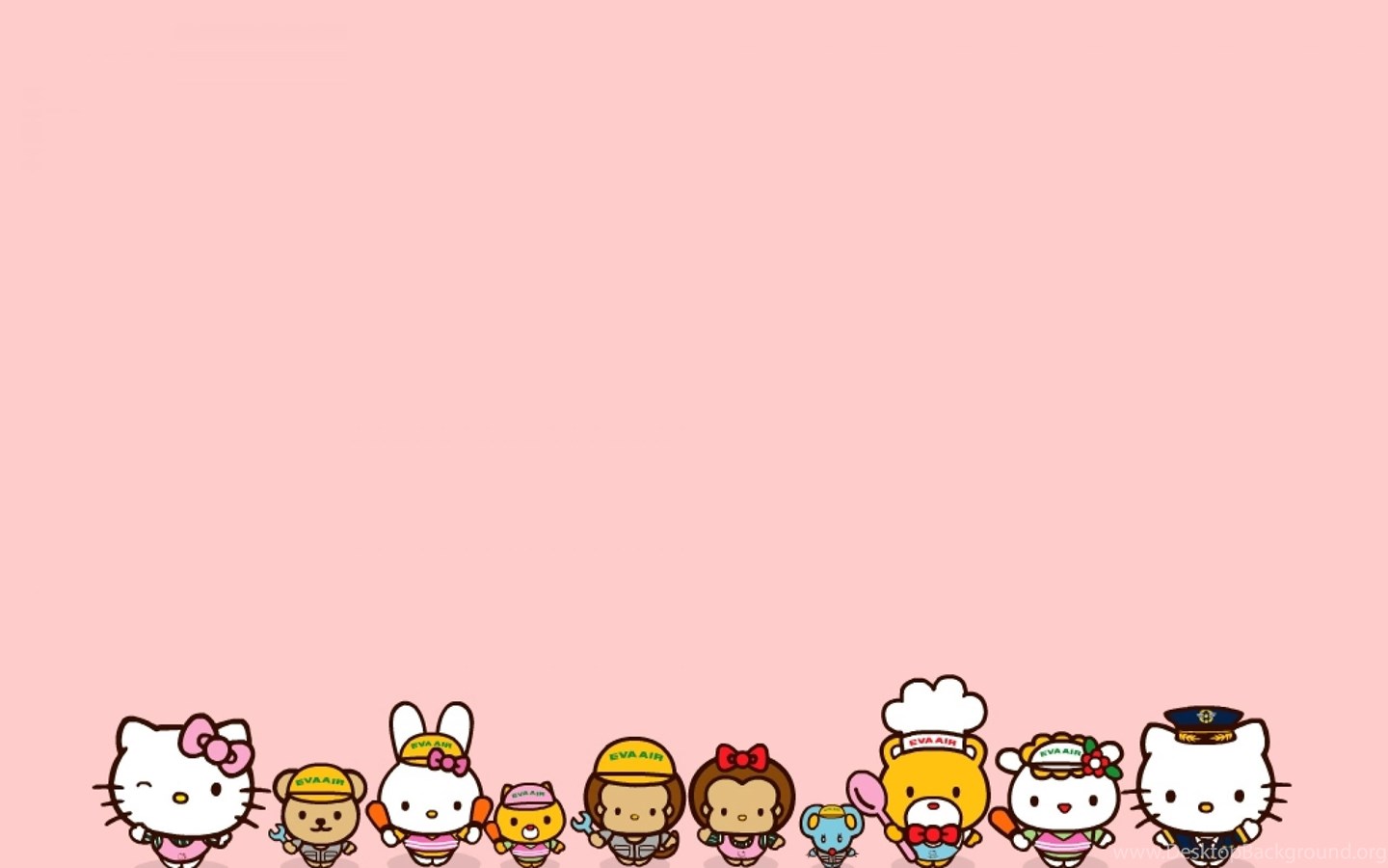 A cute and colorful wallpaper featuring an ensemble of Sanrio characters, including Hello Kitty, My Melody, Badtz-Maru, Keroppi, and more, dressed in various Eva Air-themed uniforms against a pastel pink background