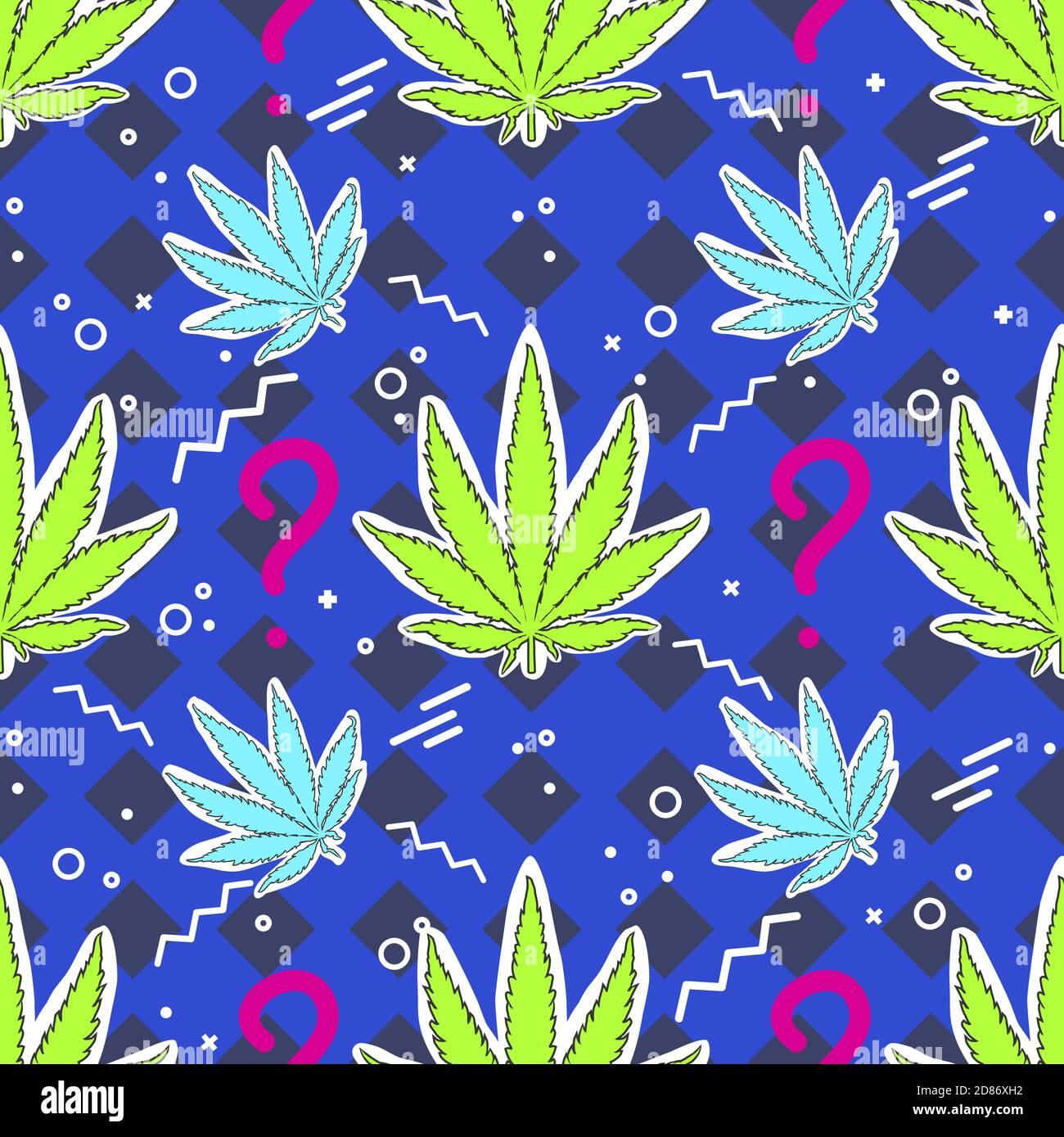 Seamless Pattern With Hemp Leaves Geometric Forms In The