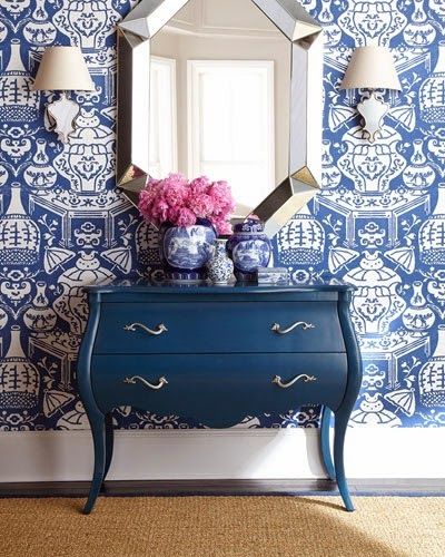 Blue And White Chinoiserie Wallpaper In Foyer