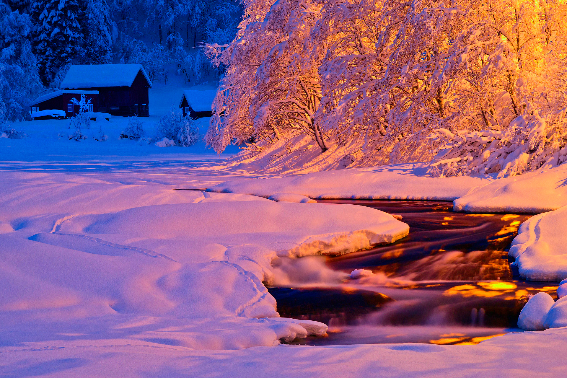 Wallpaper Nature Winter Evening Night Light River Stream Snow