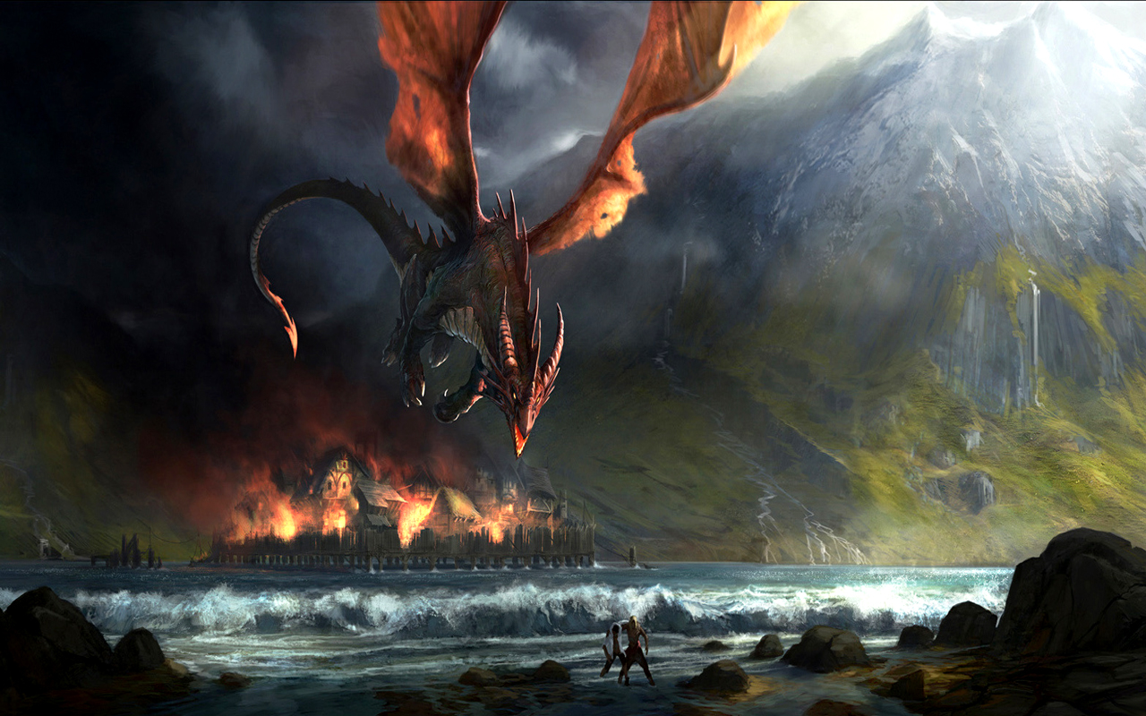 A fiery dragon descends upon a burning coastal village in this dramatic fantasy scene