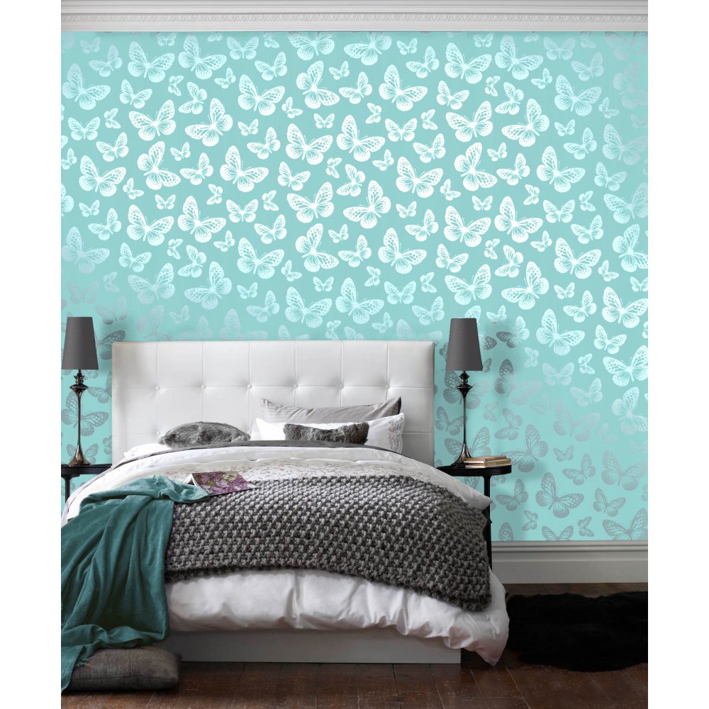 Love Wallpaper Metallic Butterfly Teal Silver