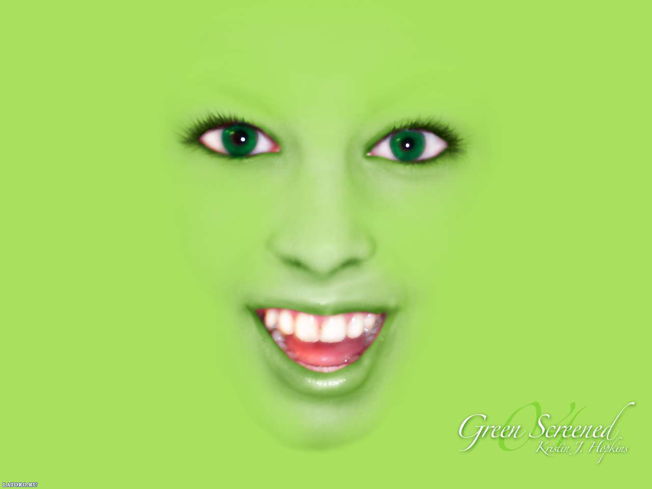 Humorous green face against a vibrant green background