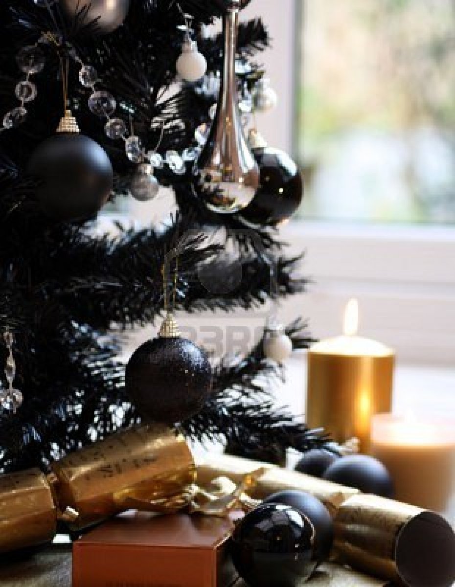 Black Christmas Tree With Silver And Balls Gold