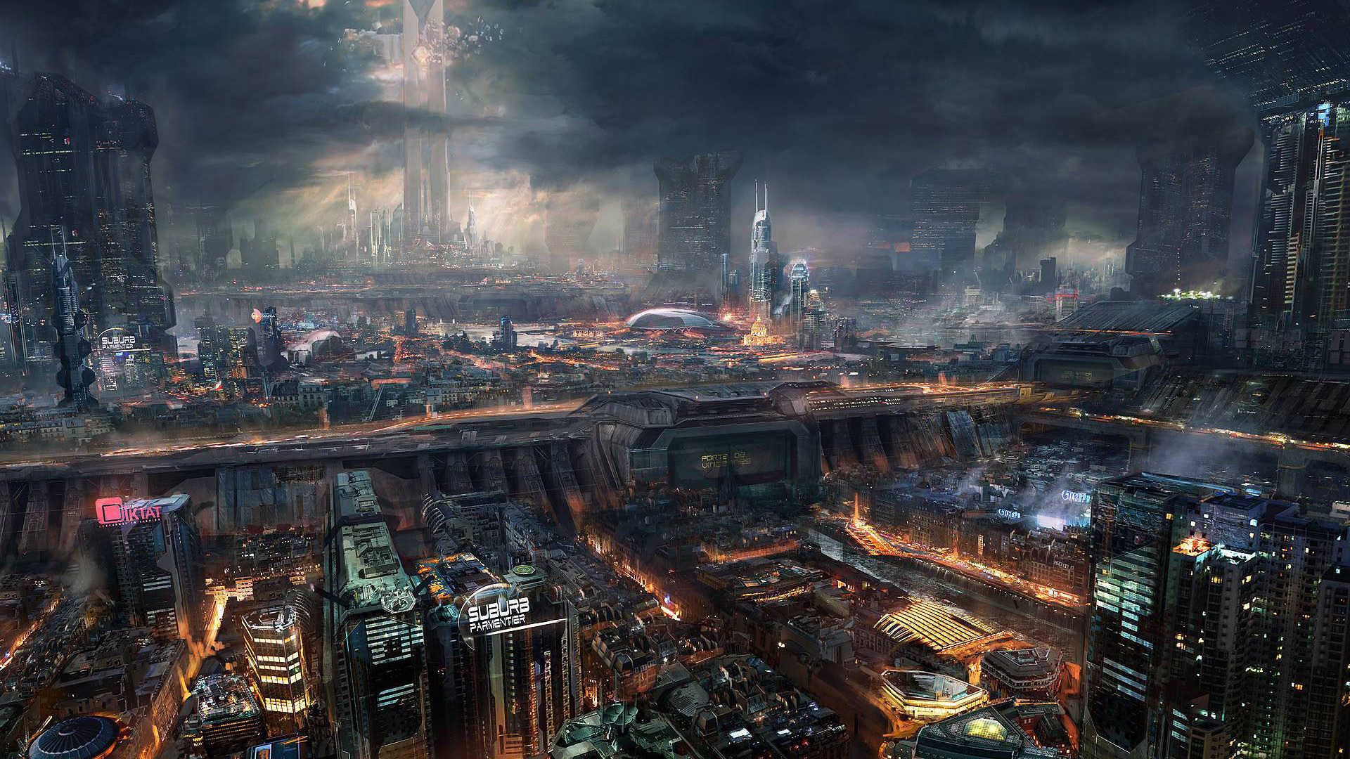 A panoramic cityscape of a cyberpunk metropolis, featuring towering skyscrapers, neon signs, and futuristic vehicles under a stormy sky