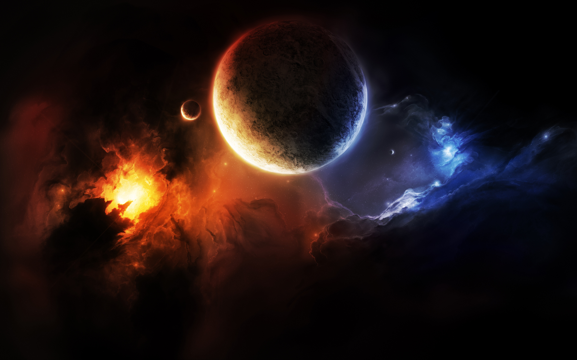 A large, dark planet dominates the scene in this space wallpaper, accompanied by a smaller companion planet and a vibrant nebula in shades of orange and blue