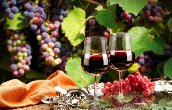Wallpaper Tray Wine Glasses Red Branches Leaves Grapes
