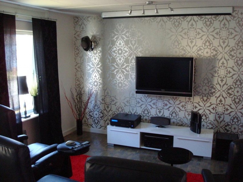 Modern Living Room With Carving Wallpaper And Tv Setup Design Ideas