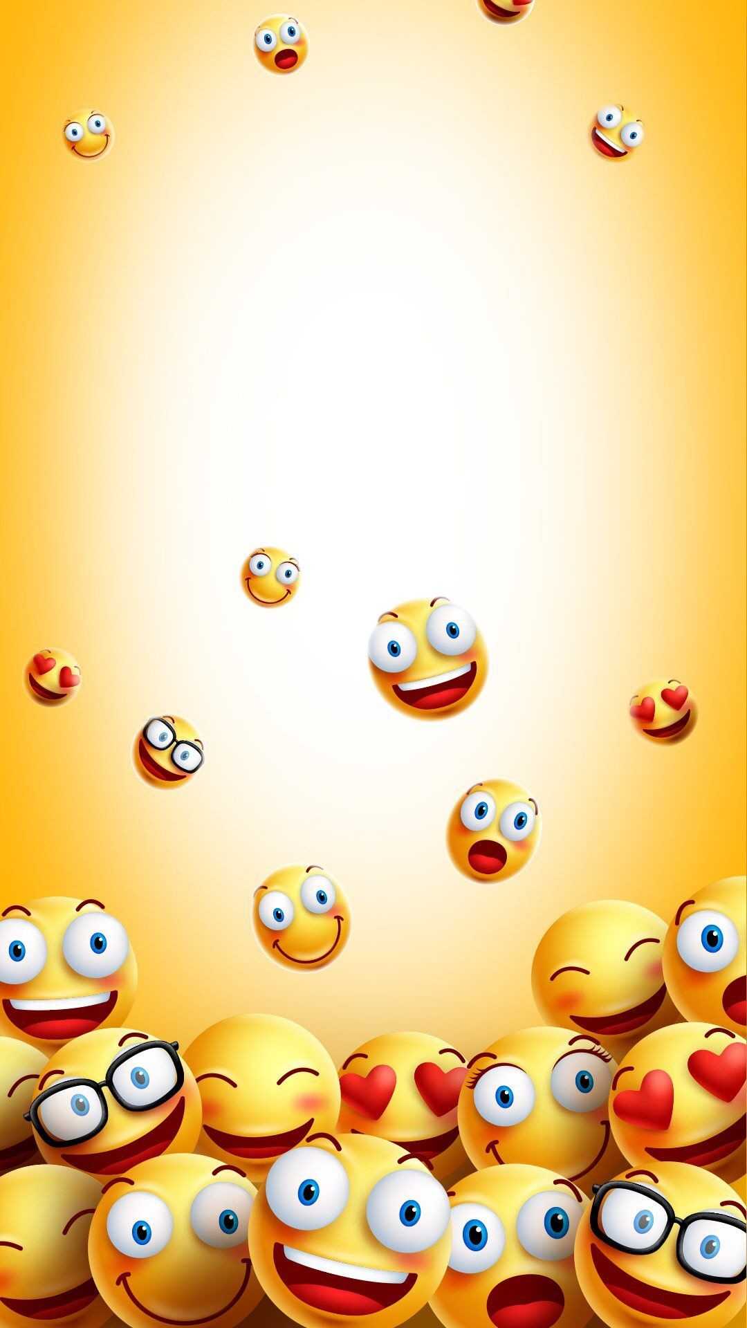 A vibrant collection of 3D emojis with various expressions on a bright yellow to white gradient background. Perfect for an HD emoji wallpaper
