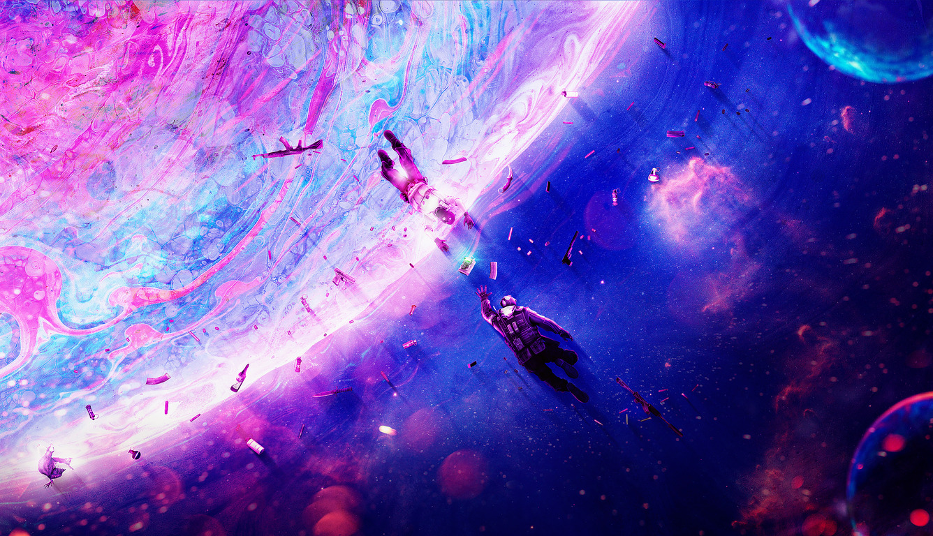 Two Counter-Strike players floating in a vibrant, cosmic battlefield, surrounded by swirling colors and floating weaponry, ideal for a CS:GO 4k wallpaper