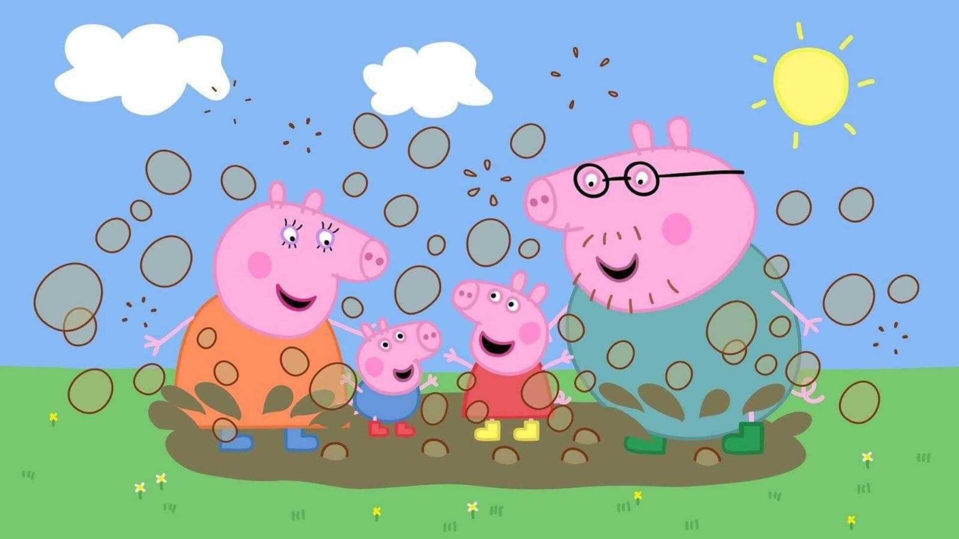 Peppa Pig family playing in mud puddle