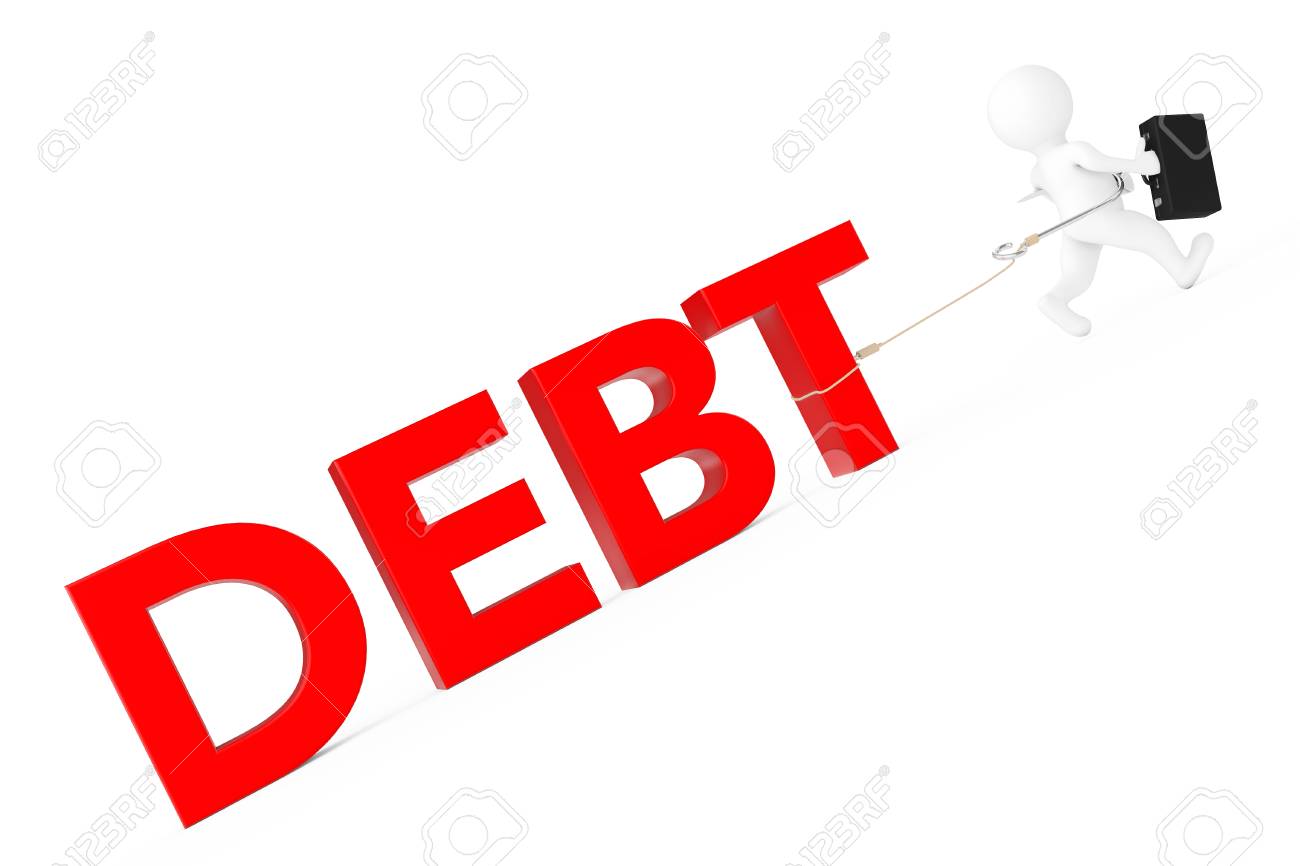 3d Businessman Run From Debt Sign On A White Background
