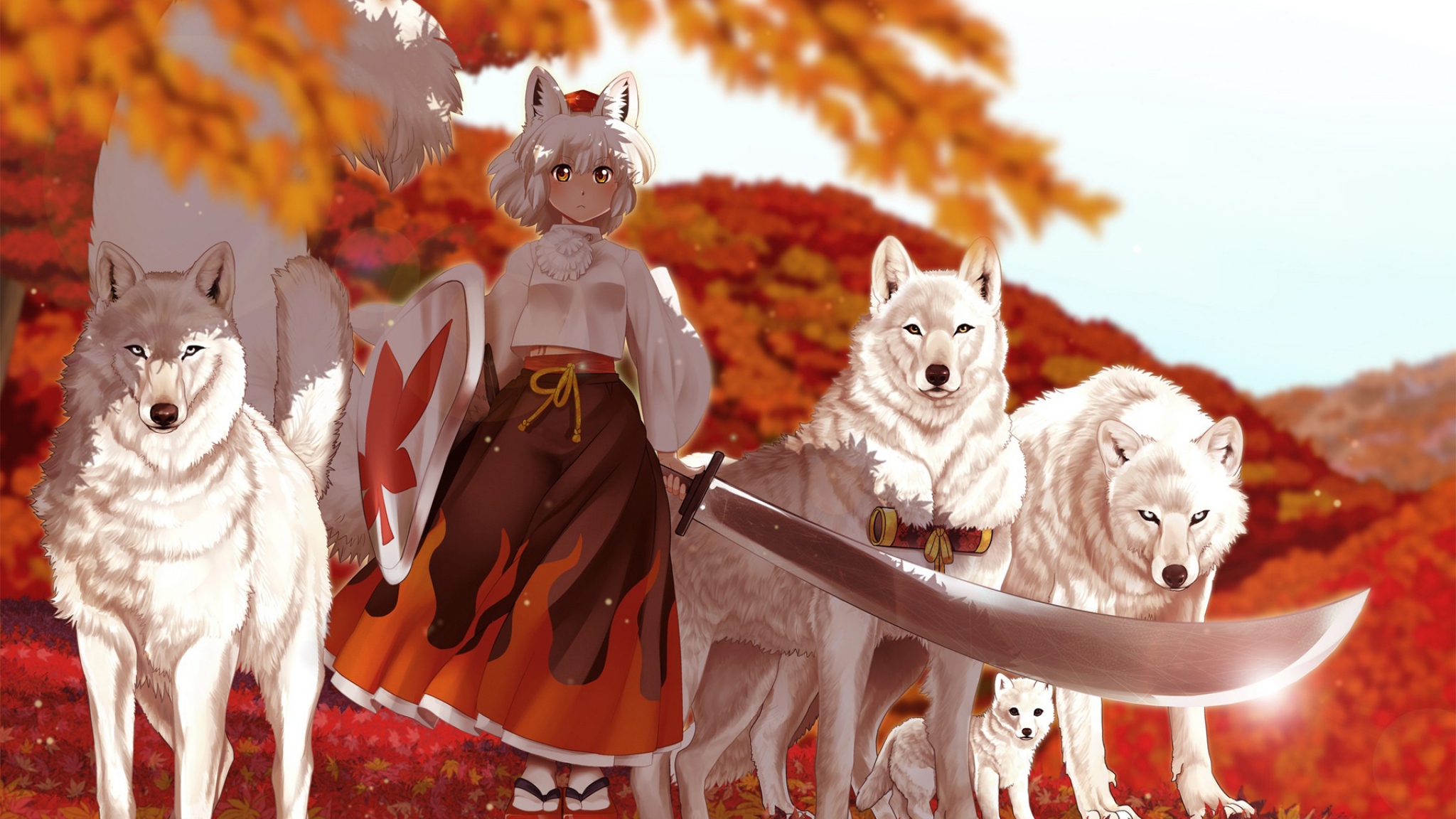 Download Wallpaper 2048x1152 anime girl kimono sword wolf autumn