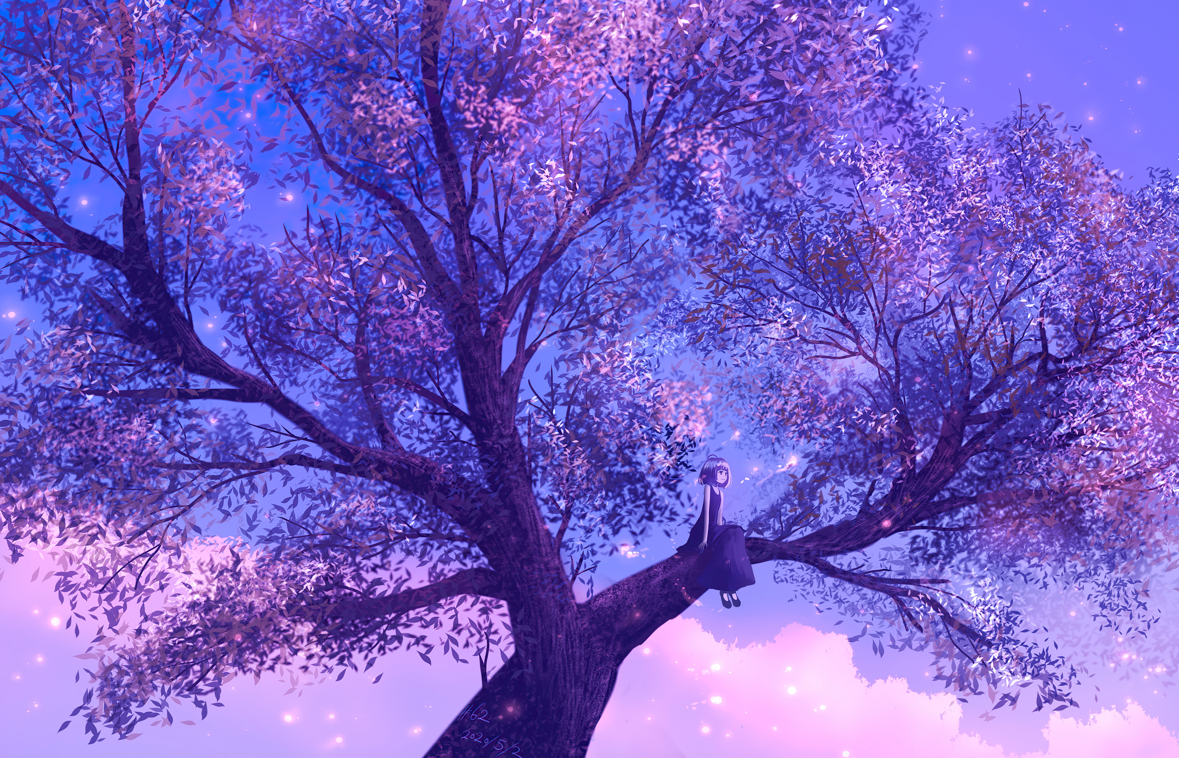 Anime Girl Sitting On Purple Big Tree 4k Wallpaper HD