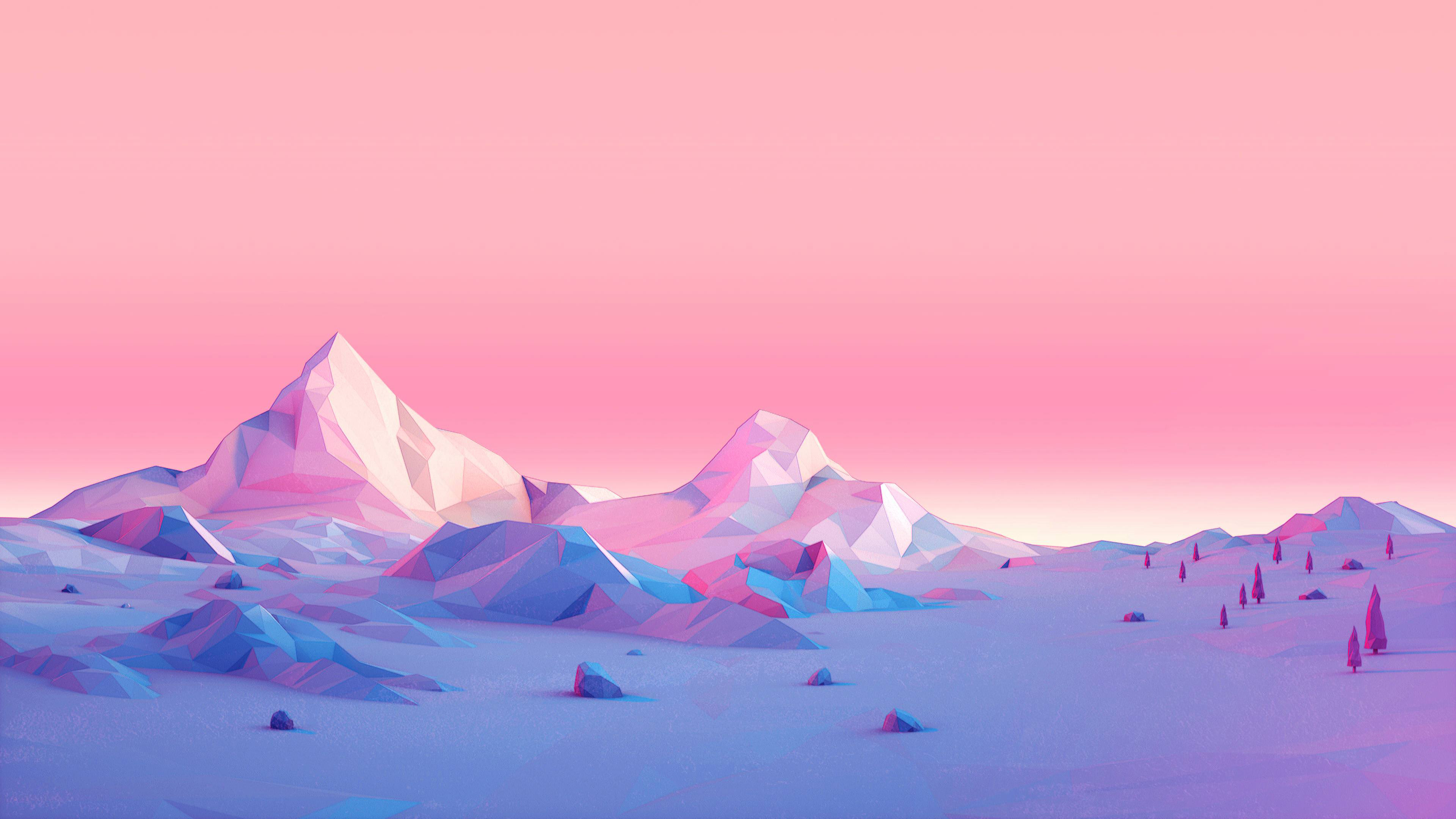 A minimalist 4k wallpaper featuring low-poly mountains against a pink and purple sunset sky