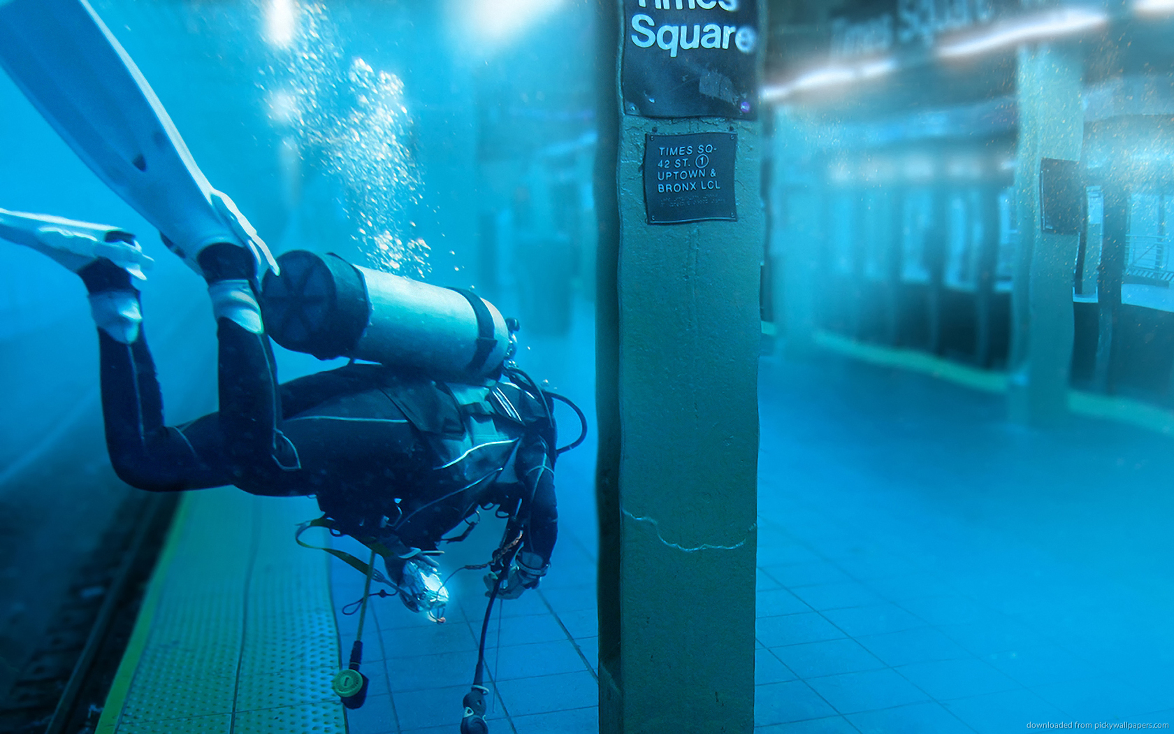 Download 1680x1050 Scuba Diver In Subway Wallpaper