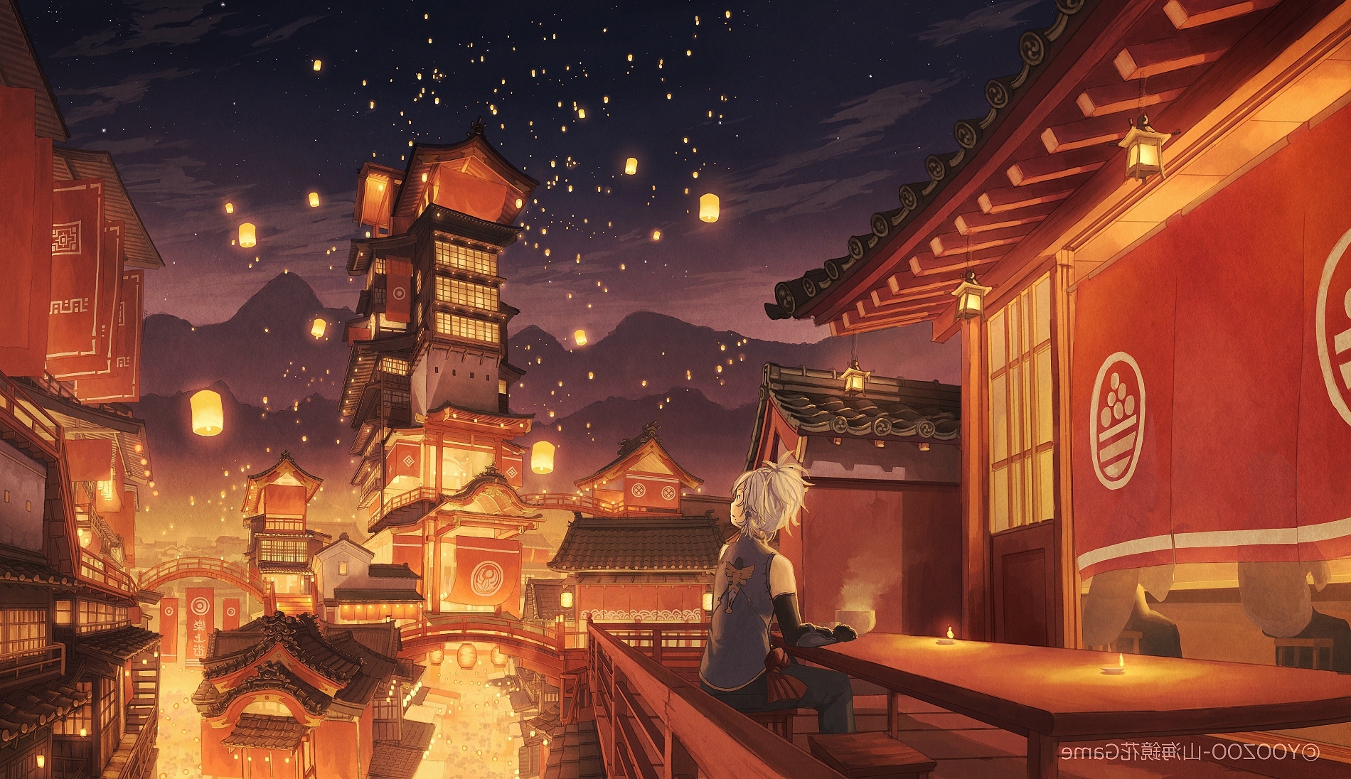 Wallpaper Boy Lanterns Anime Festival Traditional Buildings