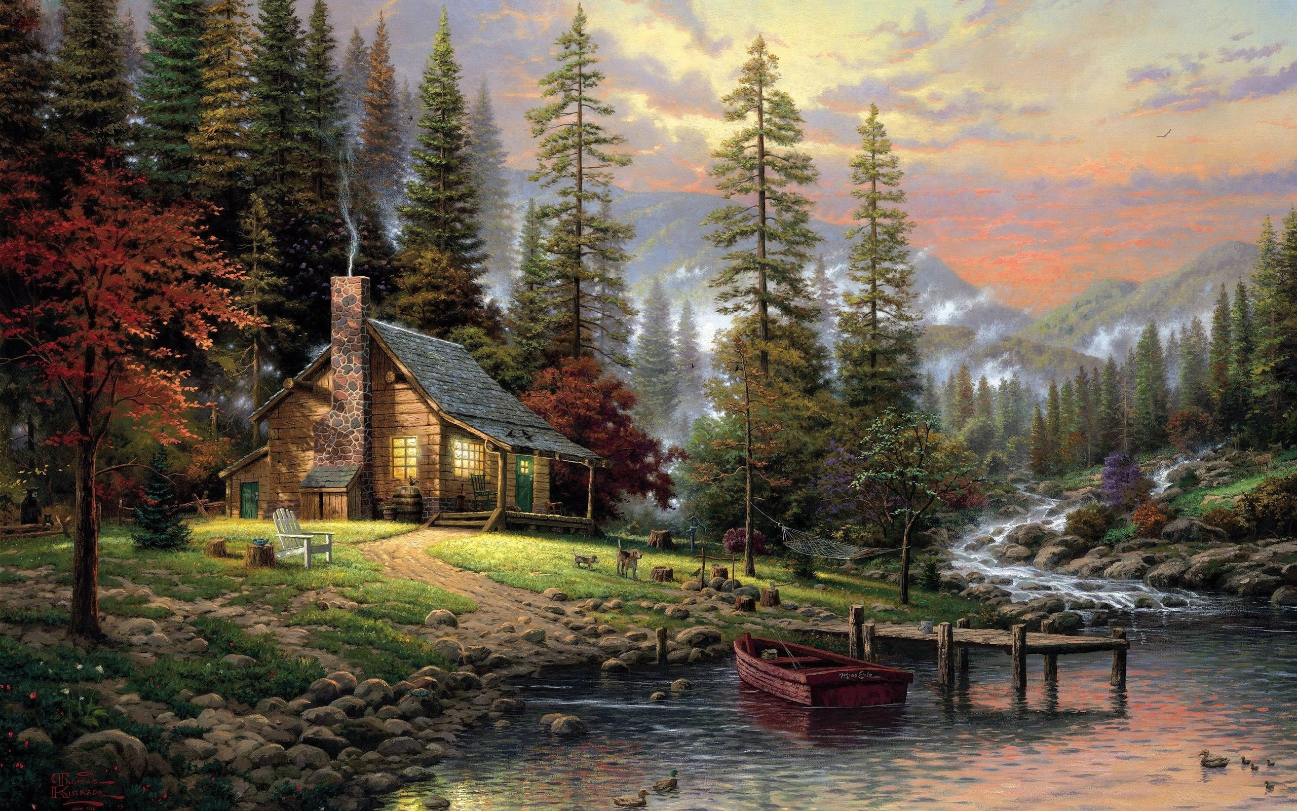 paintings landscapes trees forest houses artwork thomas kinkade rivers