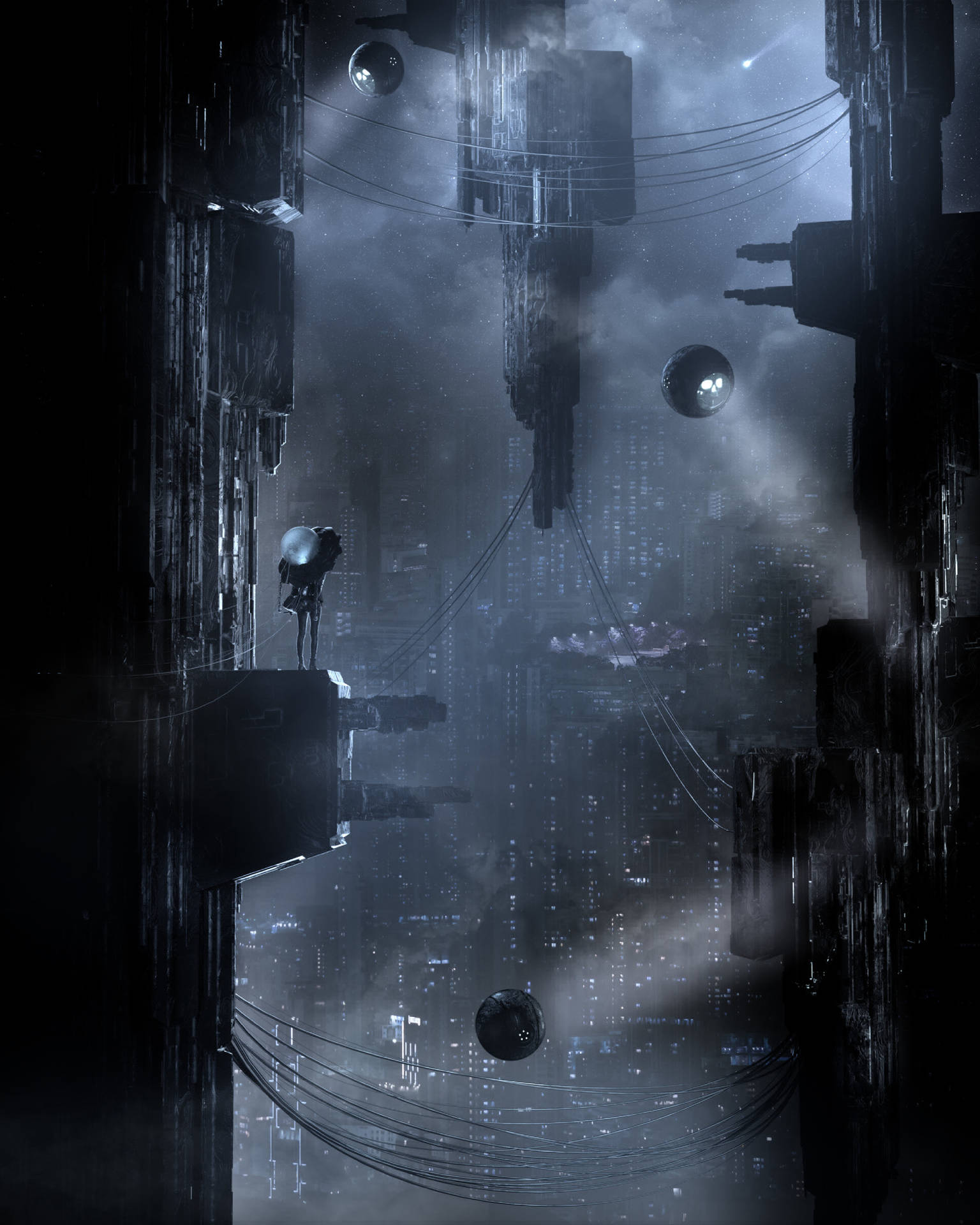A lone figure stands on a platform in a dark, futuristic cityscape, overlooking a sprawling metropolis below. Large, spherical objects hover in the misty air, adding to the cyberpunk atmosphere