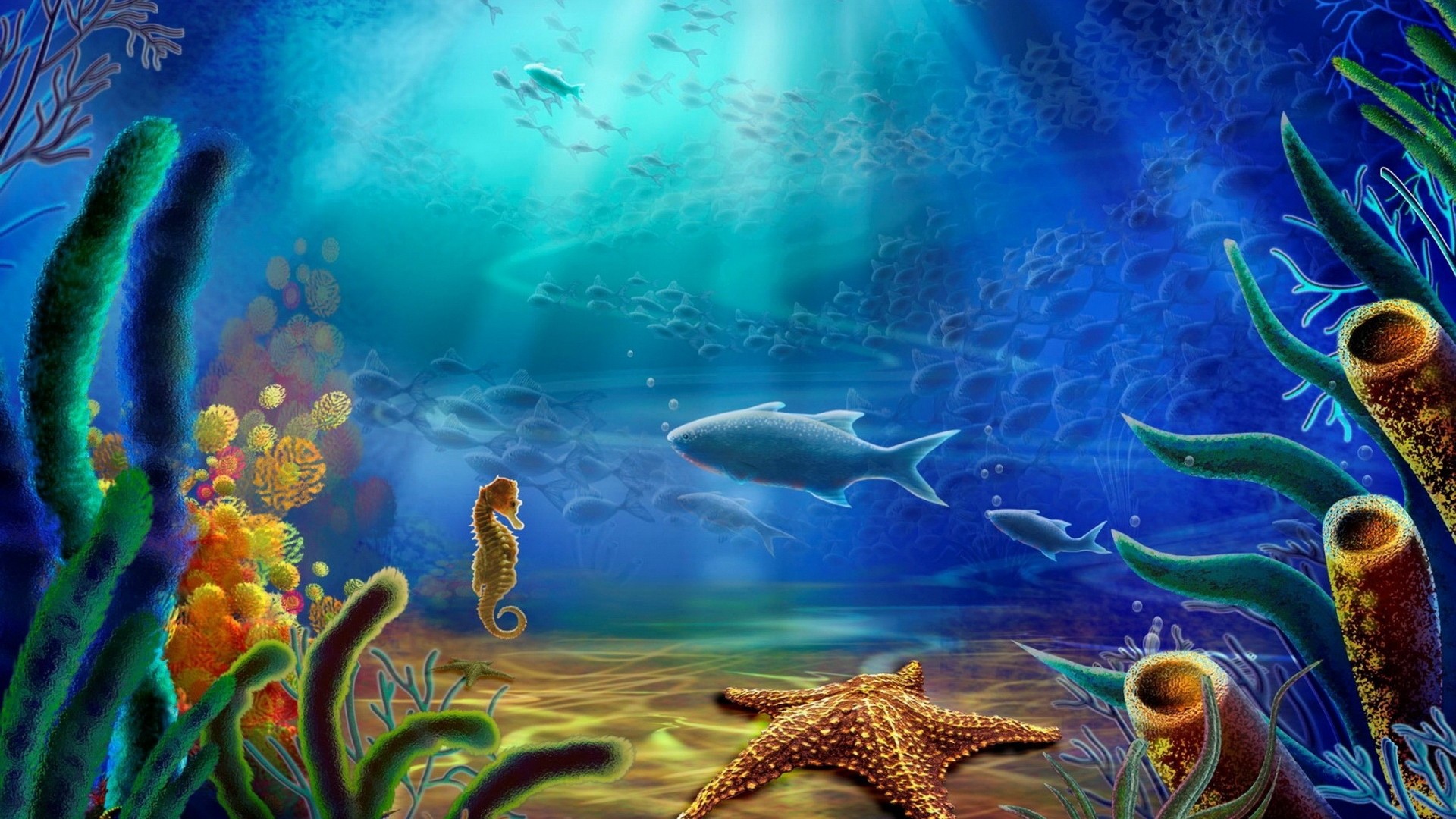 Cartoon art vector color ocean underwater wallpaper 1920x1080