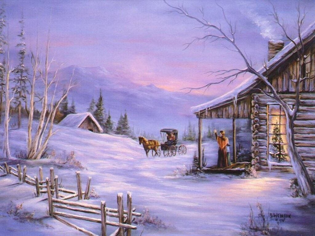 Arriving At The Christmas Cabin   Christmas Landscapes Wallpaper Image