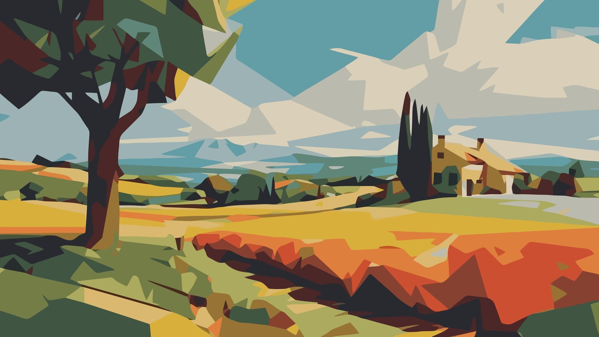 Abstract landscape painting with geometric shapes, depicting a field, trees, a house, and mountains in the background