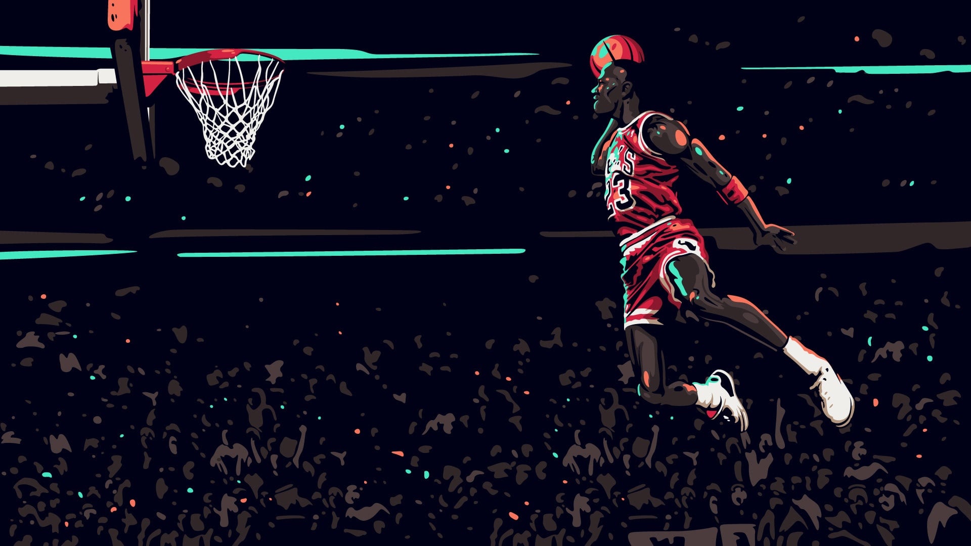 Michael Jordan soaring through the air for a dunk in a Chicago Bulls game, showcasing his iconic athleticism and skill