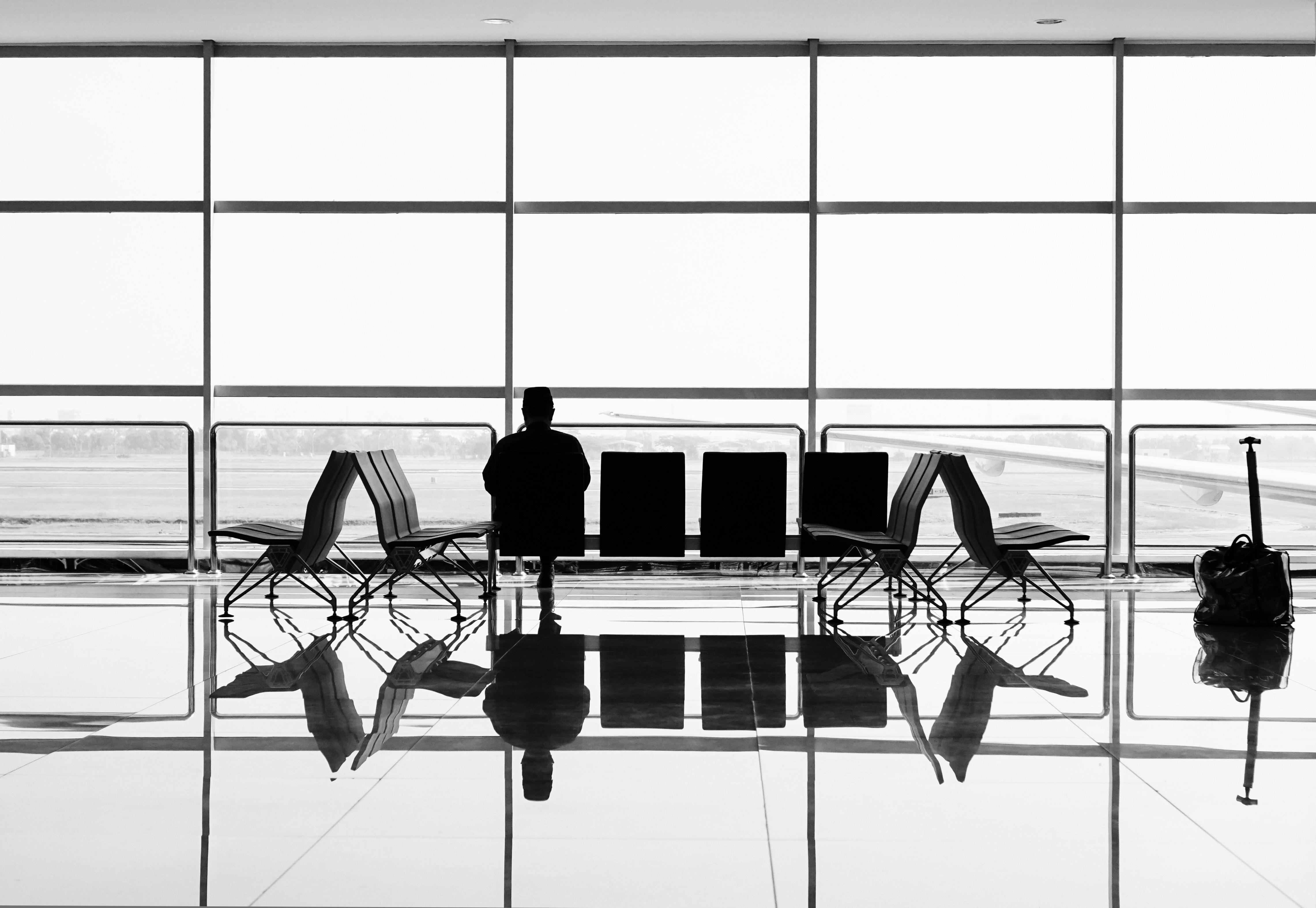 Airport Waiting Person Black And White Delay