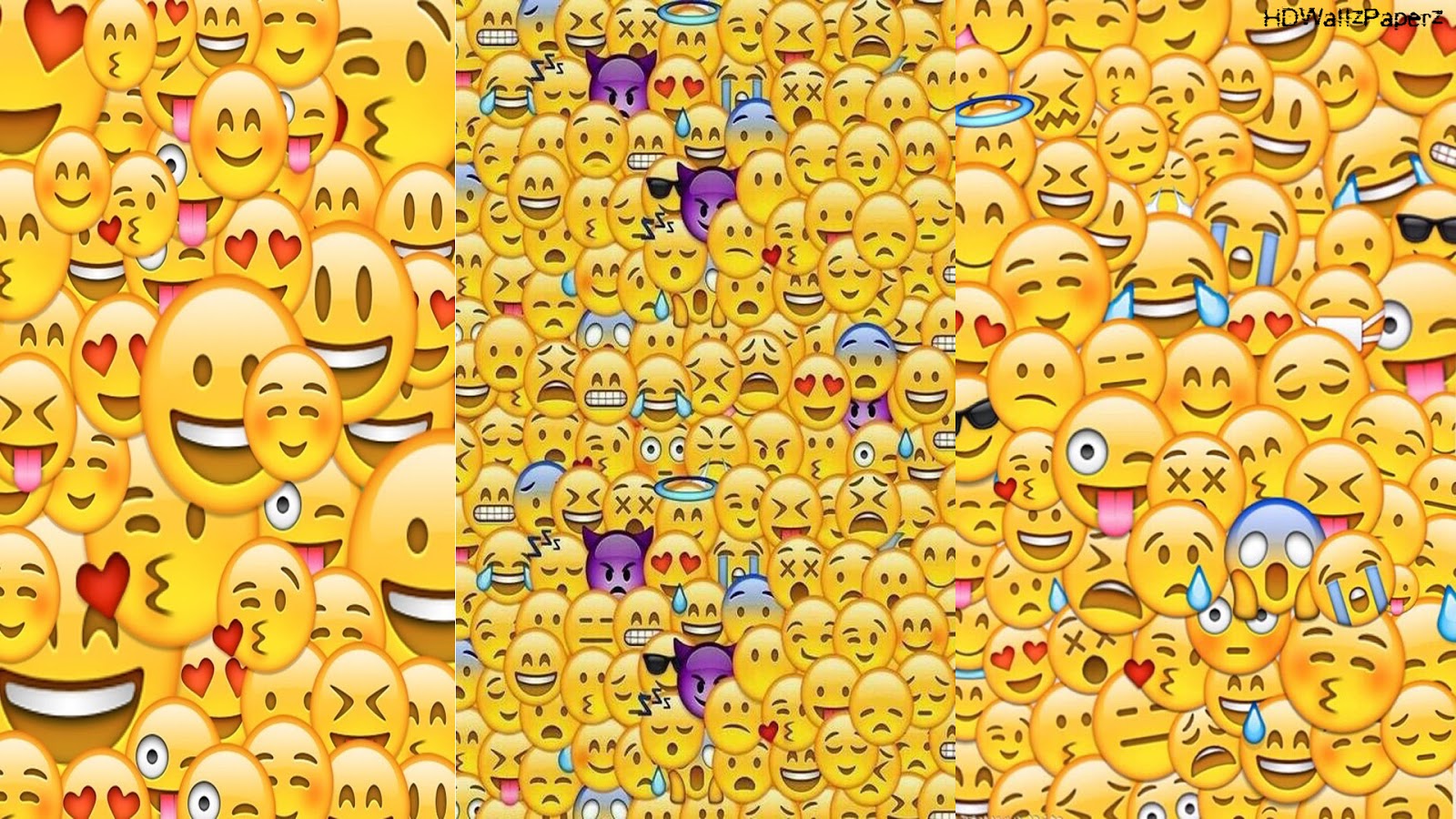 A vibrant wallpaper filled with various yellow emojis expressing a wide range of emotions, from joy and love to sadness and surprise